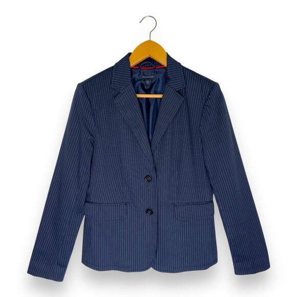 Tommy Hilfiger Women's Pinstripe Blazer 8 Navy Cotton Blend Classic Two Button - Picture 1 of 9